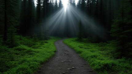 Fototapeta premium Sunbeams piercing dark forest path