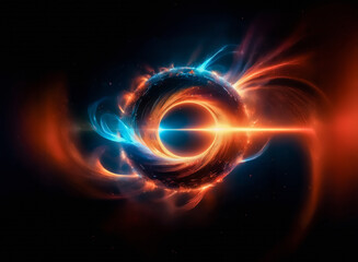 Fototapeta premium A vibrant cosmic phenomenon: A swirling, luminous ring in a dark space hints at intense energy. A central point of light suggests a black hole or stellar event. Hints of blue and orange illuminate the