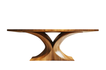 Exquisite handcrafted wooden dining table a statement piece for modern interiors featuring a unique sculpted base and rich warm tones on transparent background