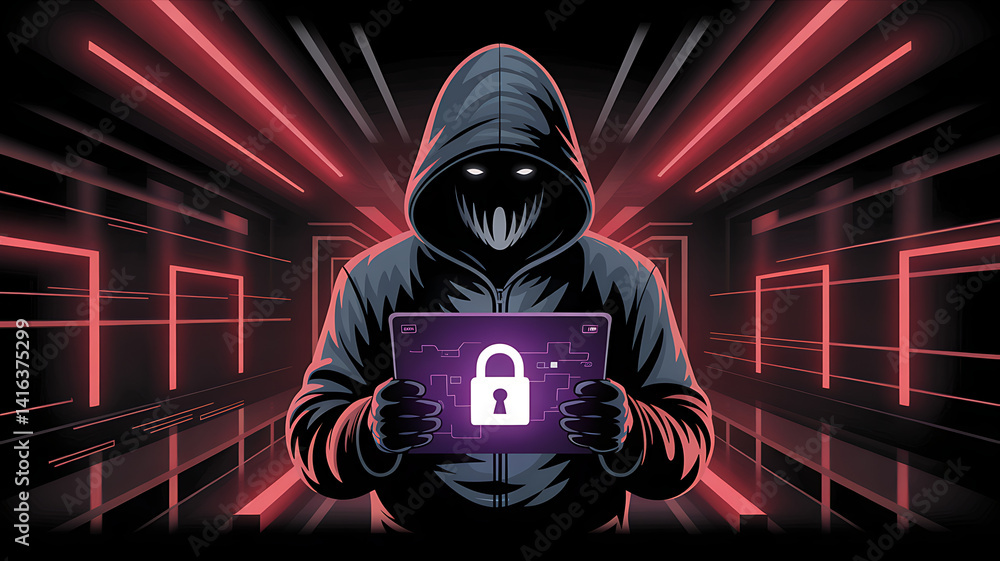 Poster hooded hacker holding secure tablet in data center with red neon lights