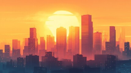 Fototapeta premium Vibrant cityscape bathed in the warmth of the setting sun illustration
