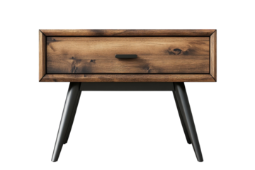 Rustic wooden bedside table with a single drawer sleek dark metal legs and a rich brown finish against a black background Perfect for on transparent background