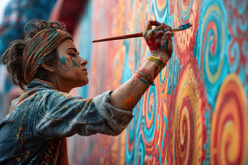 young Indian woman artist painting vibrant mural on wall. Creative expression, colorful art.
