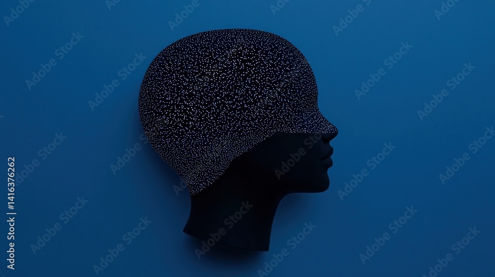 Poster a silhouette of a head adorned with a starry pattern against a blue background, creating a cosmic an