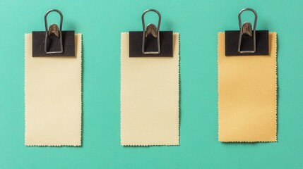 Three blank notes, pastel colors, metal clips