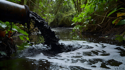 A pipe is spewing black liquid into a river