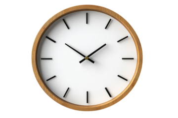 A minimalist oak wood framed wall clock with a clean white face and black hour markers perfect for modern interiors displays simple on transparent background
