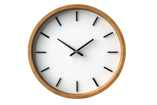 A minimalist oak wood framed wall clock with a clean white face and black hour markers perfect for modern interiors displays simple on transparent background