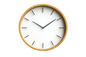 A minimalist oak wood frame wall clock showcasing a clean white face with sleek black hands perfect for modern interiors simple elegant on transparent background