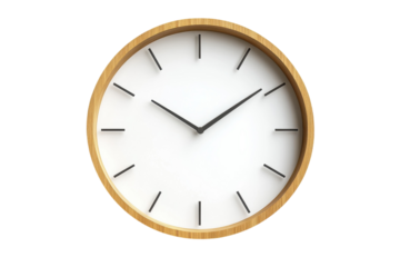 A minimalist oak wood frame wall clock showcasing a clean white face with sleek black hands perfect for modern interiors simple elegant on transparent background
