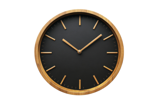Stylish round wooden clock with a black face showcasing minimalist design and precise timekeeping perfect for modern interiors against a on transparent background