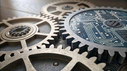 AI Gear Mechanism Mechanical gears infused with digital circuits.