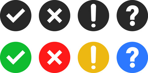 check mark, cross mark, info and question icon set. right and wrong sign concept. tick mark symbol and x cross icon in circle shape
