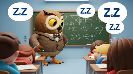 Sleepy Owl Teaching Bored Students in Classroom