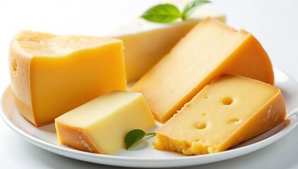 Elegant cheese selection, various textures, pure white backdrop , selection, appetizing