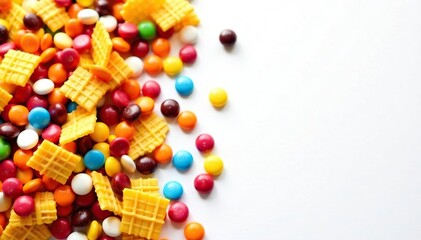 Obraz premium Pile of colorful candy, chips, and soda on white , dessert, salty