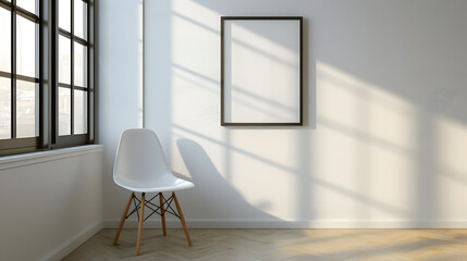 A white chair is in front of a large white wall with a black frame