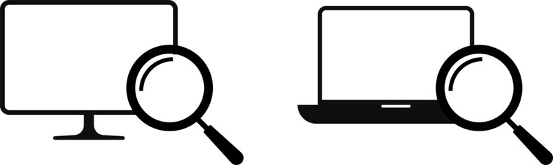 Case Studies Icons. computer with search symbol. Search Magnifying Glass

