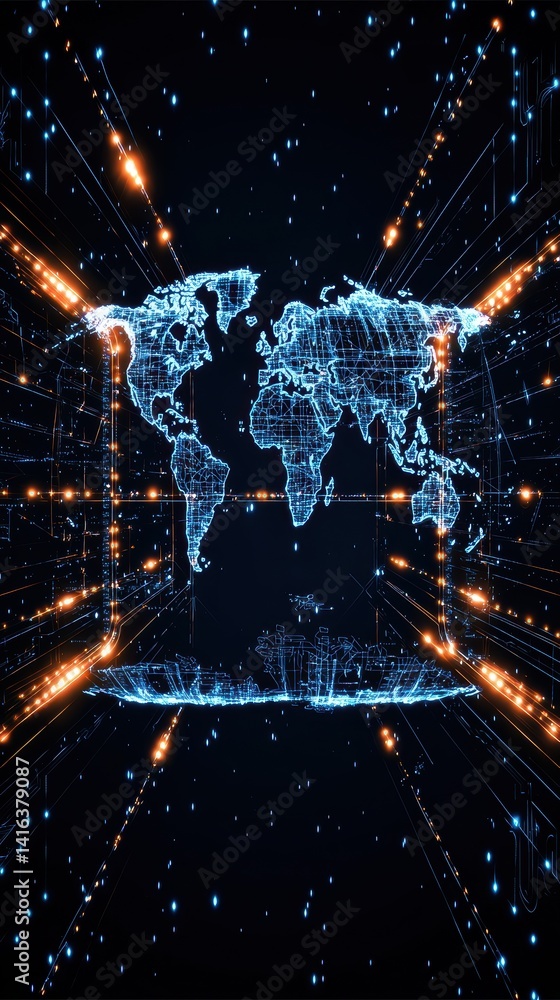 Poster a vibrant digital representation of a world map, illuminated by glowing lines and dots against a dar