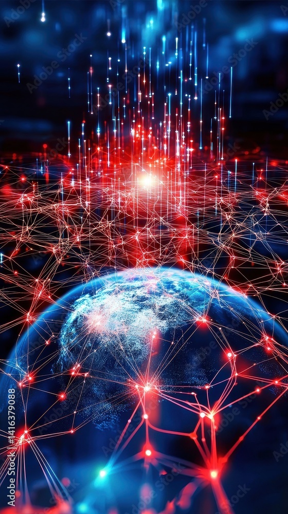 Poster a digital representation of a networked globe, featuring vibrant red and blue lines, symbolizing con