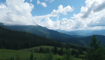 Obraz premium Carpathian Mountains Vista: Rolling Hills and Cloud-Veiled Peaks under a Summer Sky