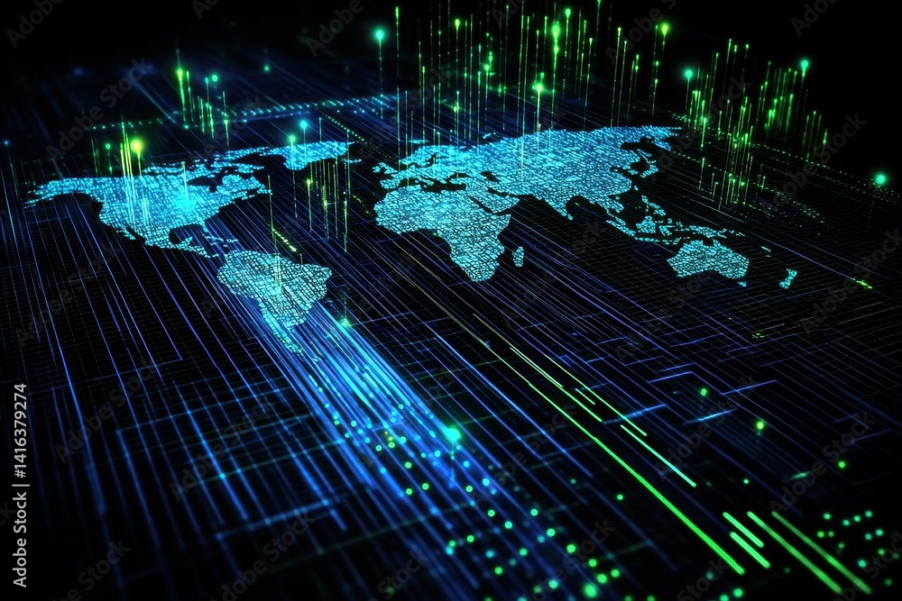 Poster a digital representation of the world map with glowing data points and lines, illustrating connectiv