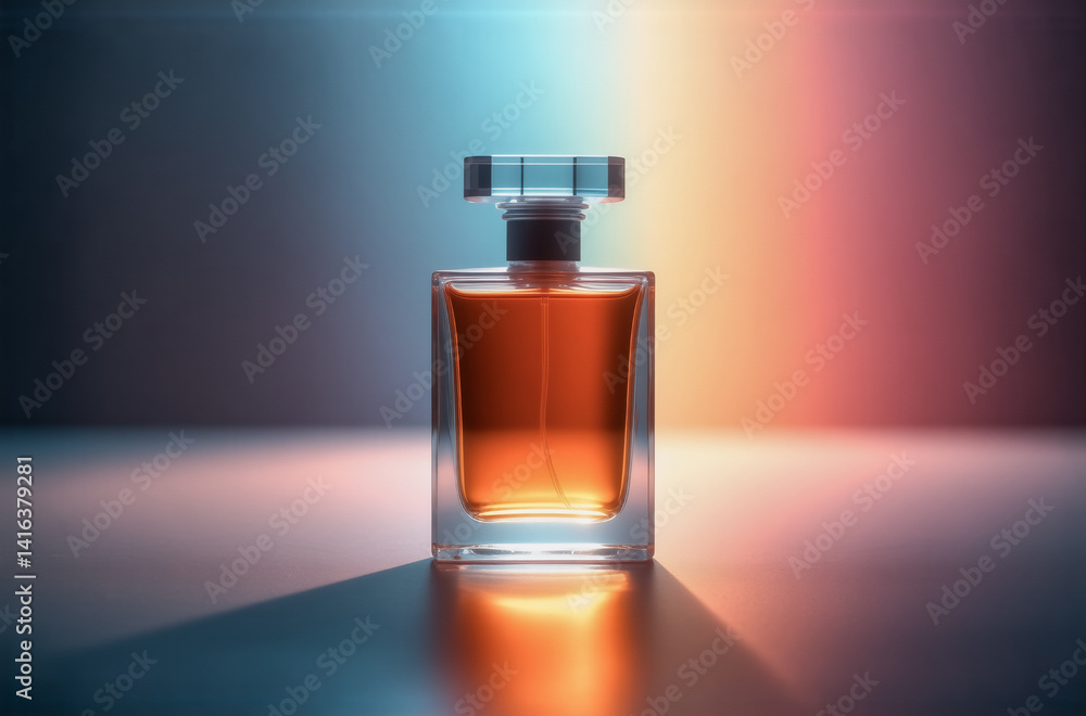 Poster a amber perfume bottle sits on a reflective surface, bathed in vibrant blue and red light. the squar