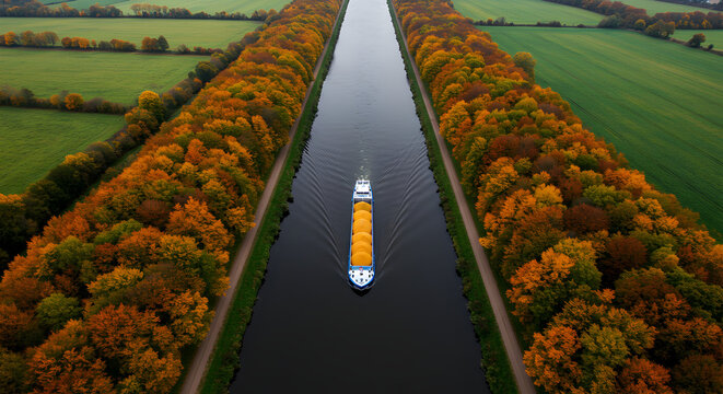 Aerial View of Barge Traveling Down Tranquil Canal Lined with Autumn Trees and Green Fields