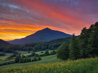 "Sunset Over Rolling Hills and a Silhouetted Mountain"

