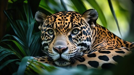 Obraz premium Intimate Portrait of a Jaguar Resting Amidst Lush Foliage in its Habitat