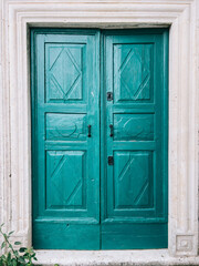 Elegant Turquoise Wooden Double Door with Intricate Design