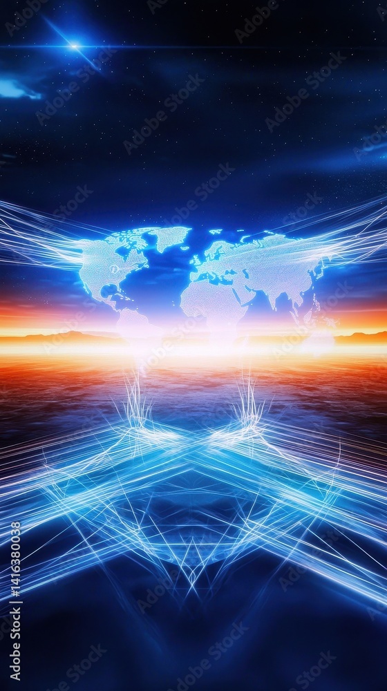 Poster a digital representation of a world map surrounded by glowing lines against a cosmic backdrop, symbo