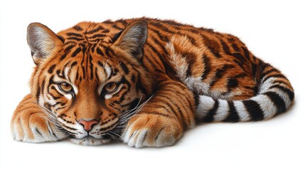 Obraz premium Relaxing tiger with striped tail close up portrait on white background exhibiting detail texture of fur and sleepy expression with expressive eyes animal themes