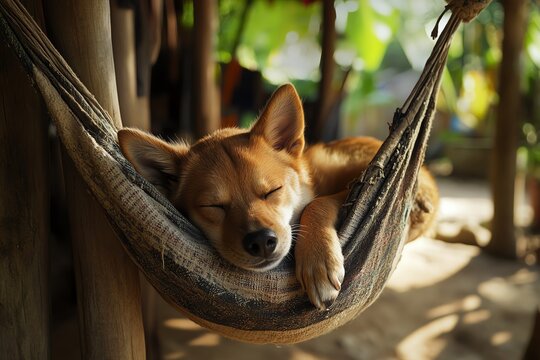 A relaxed dog sleeping in a hammock.