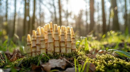 Dynamic vertical growth of bamboo shoots in mossy forest floor with timelapse motion blur, ideal for nature conservation campaigns and eco-conscious branding.

