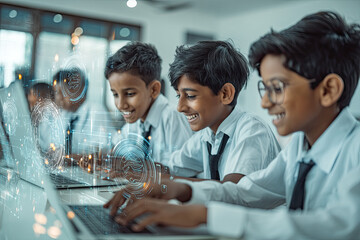 Smiling Indian schoolboys using laptops in modern classroom. Technology in education, future learning.