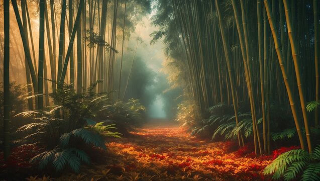 Bamboo forest autumn leaves misty path