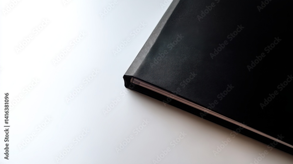Poster a book on a table surrounded by a black folder on a bright surface creating a concept of contrast in