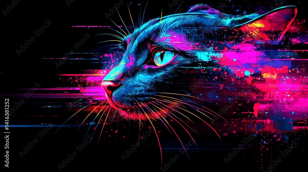 Poster neon cat portrait with abstract glitch effects creating a modern and vibrant digital art design for 