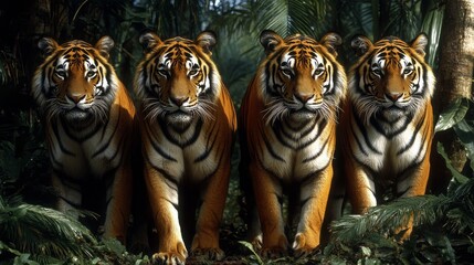 Four majestic tigers prowl silently through dense jungle foliage, their striking stripes blending seamlessly with the verdant surroundings, creating an awe-inspiring sight