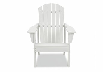 Fototapeta premium A front view of a white adirondack chair with armrests on a white background in a studio setting
