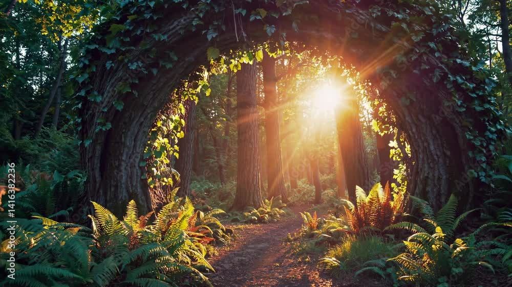 Poster sunlight filters through a circular arch of vines in a lush forest, captured at eye level. ideal for