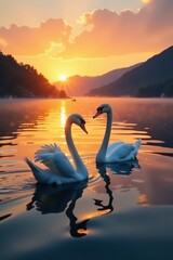 Naklejka premium Graceful swans glide across a serene sunrise lake , sunlight, animals, nature photography
