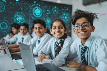 Smiling Indian teenagers using laptops in modern tech classroom. Digital education, future learning.