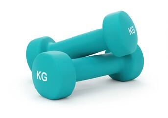 Two turquoise dumbbells stacked on top of each other on a white surface with kg marking visible