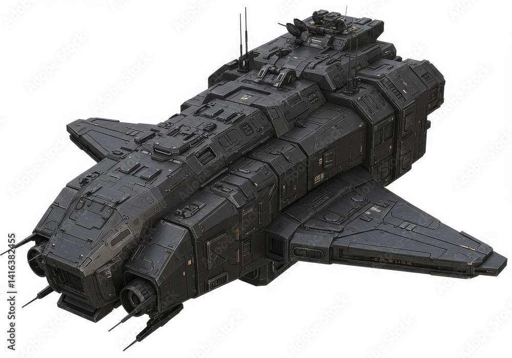 Poster a detailed view of a dark gray spaceship with visible engines and intricate paneling on a white back