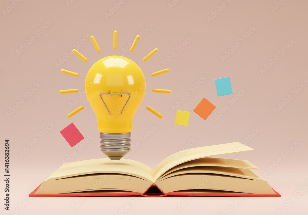 Poster a yellow lightbulb shining above an open book with colorful squares floating on a light background