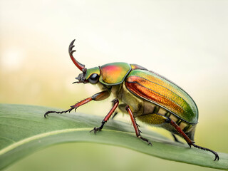Naklejka premium Colorful Beetle Resting on a Green Leaf Macro Photography