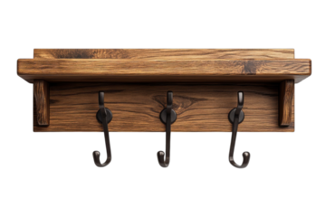 Rustic wooden wall mounted key holder with three metal hooks perfect for entryway organization showcasing rich brown wood grain and a on transparent background