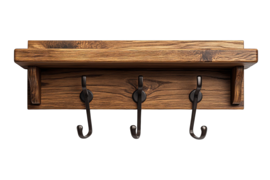 Rustic wooden wall mounted key holder with three metal hooks perfect for entryway organization showcasing rich brown wood grain and a on transparent background